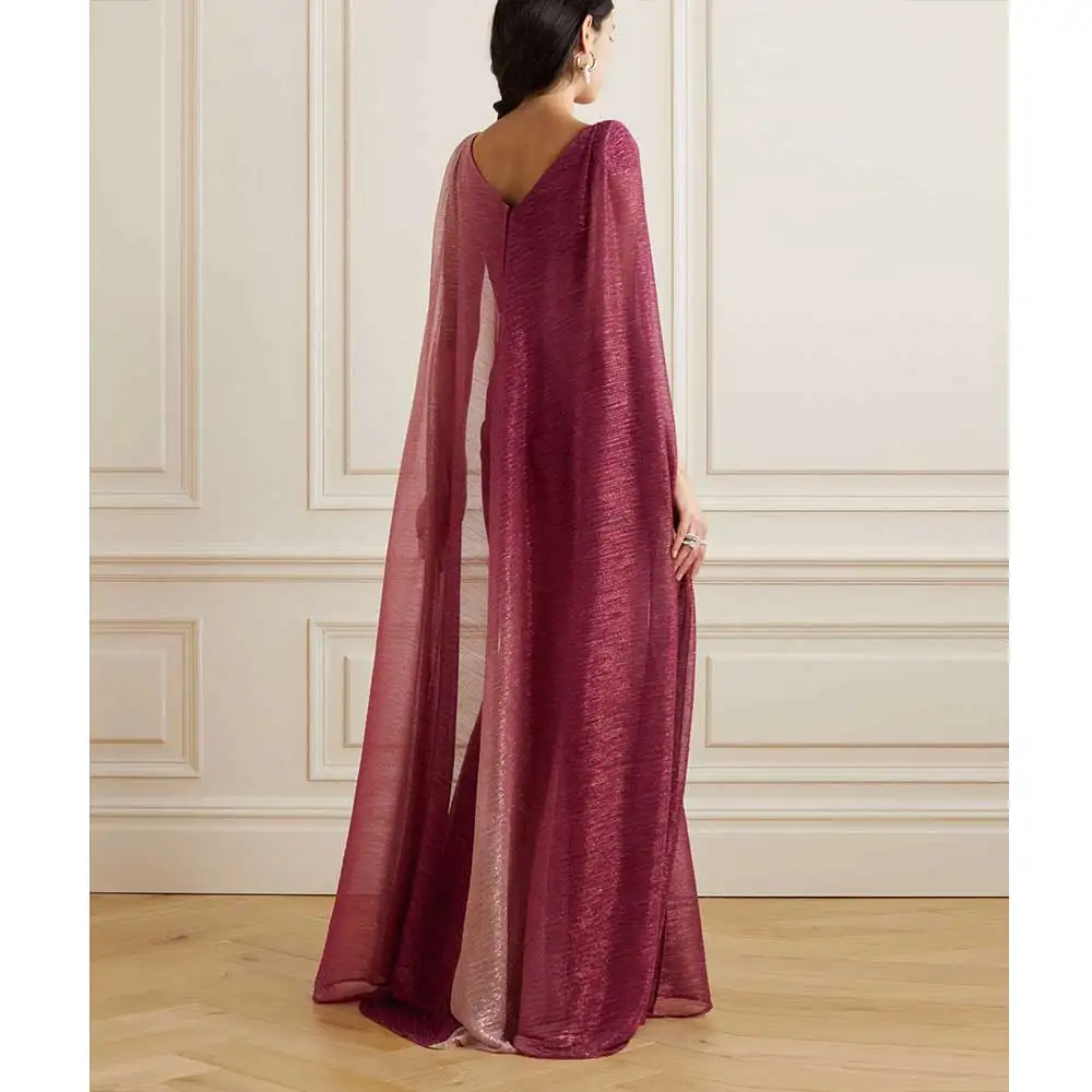 YUMDI Crimson Sequin Cape Evening Gown Floor-length Ball Gown Gorgeous Dubai Dress Coming-of-age Haute Couture Gown