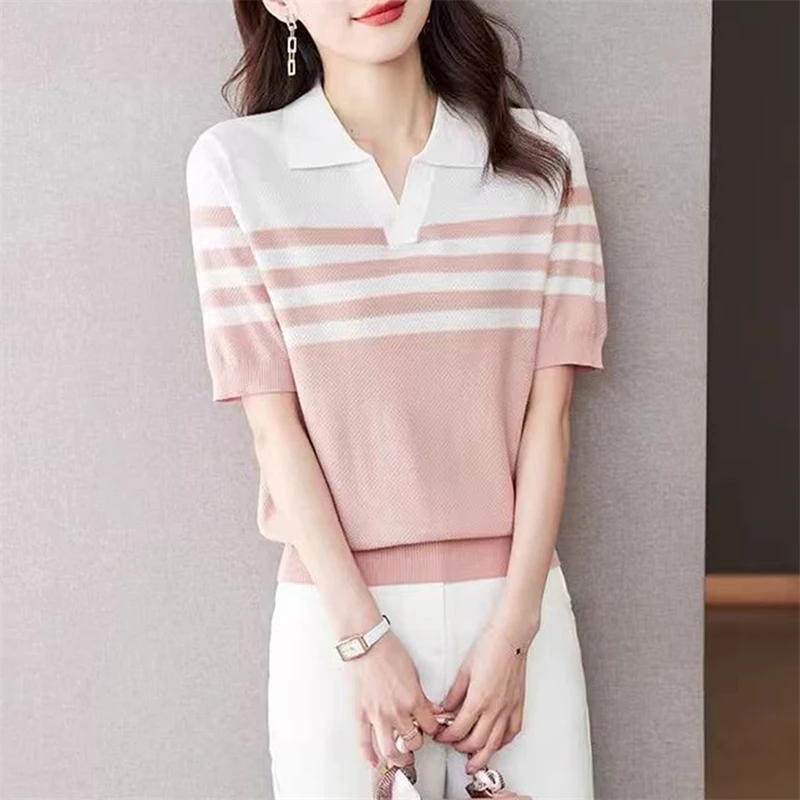 Women's POLO collar T-shirt summer new 100% cotton knitted short sleeved casual…
