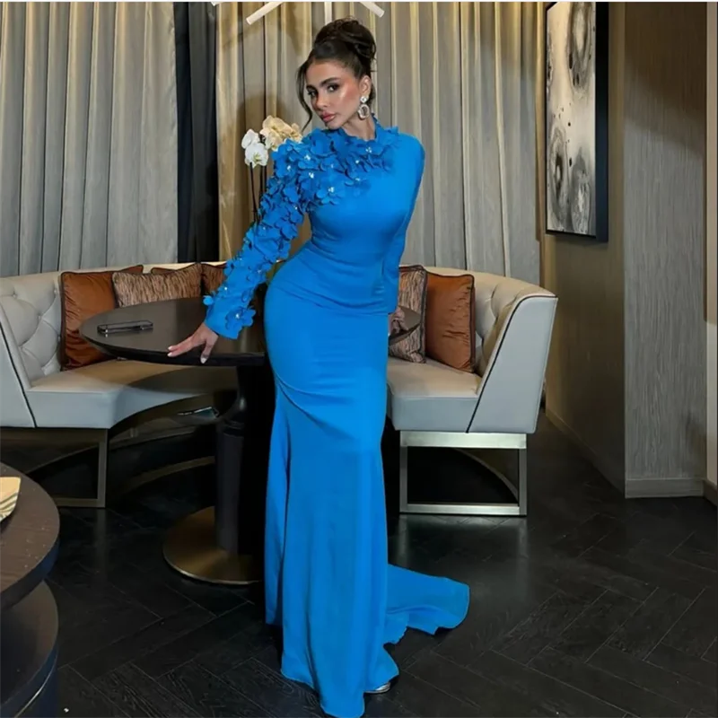 

Вечернее платье в Саудовской Аравии с 3D цветами, индивидуальное платье с круглым вырезом и длинными рукавами, открытой спиной, со шлейфом, халат De Soiree, платье русалки для выпускного вечера