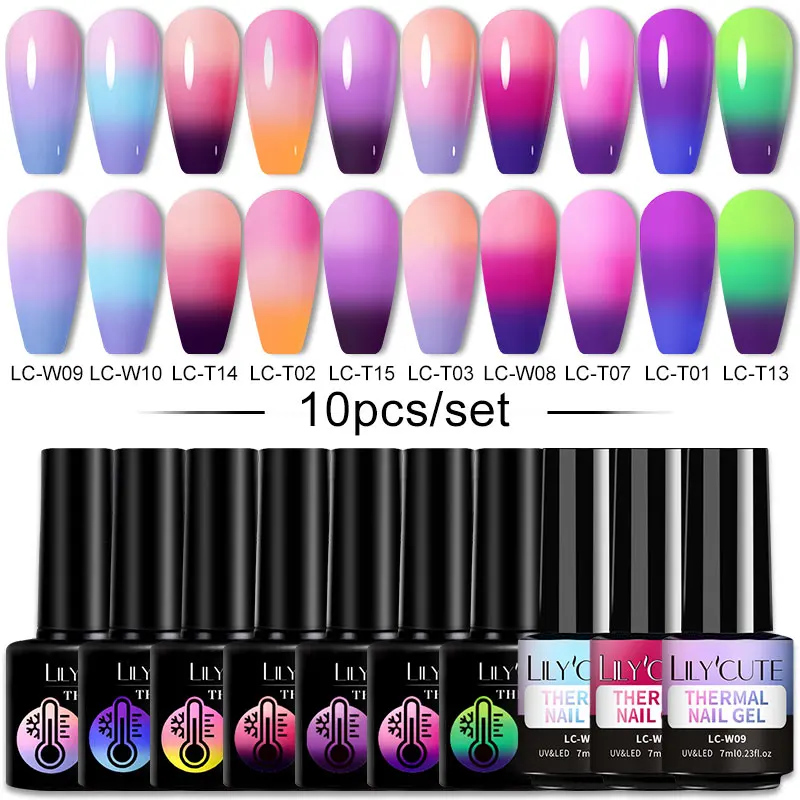 LILYCUTE 10Pcs Thermal Gel Nail Polish Set Temperature Color-Changing Semi Permanent Soak Off UV Long Lasting Nail Arts Varnish