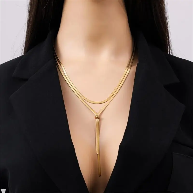 EILIECK 316L Stainless Steel Drawstring Tassel Long Necklace For Women Girl Fashion Gold Color Flat Snake Chain Jewelry Gift