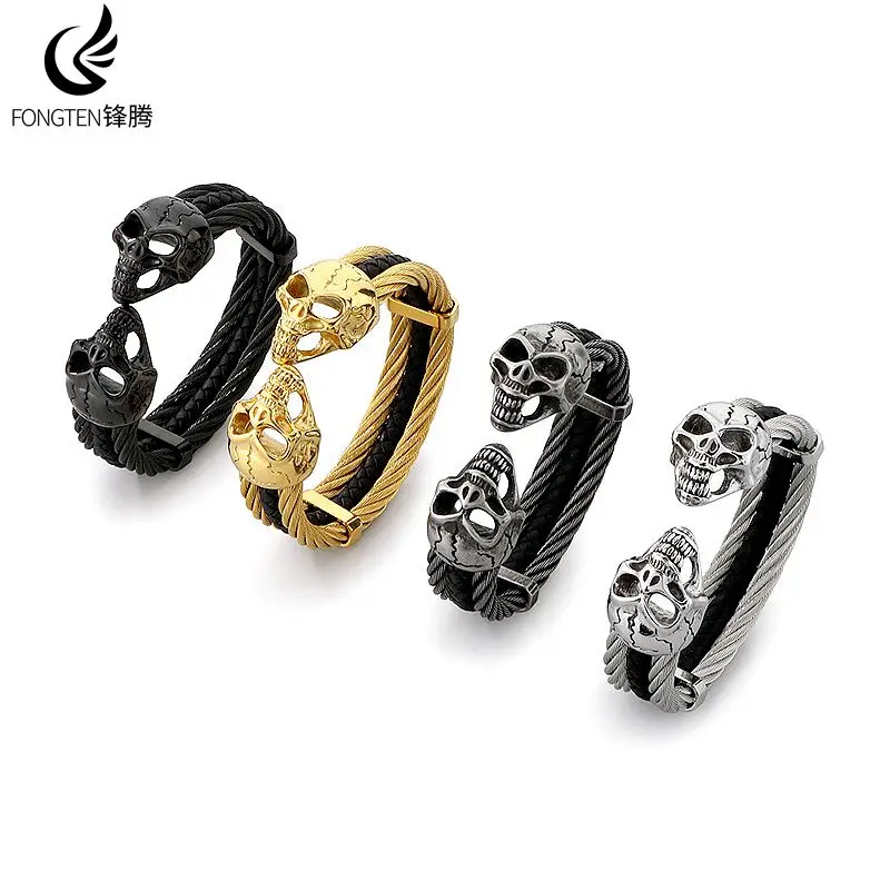 

Fongten Skeleton Leather Men's Stainless Steel Bracelet Charm Quality Popular Bangle Fashion Jewelry Halloween Christmas Gifts