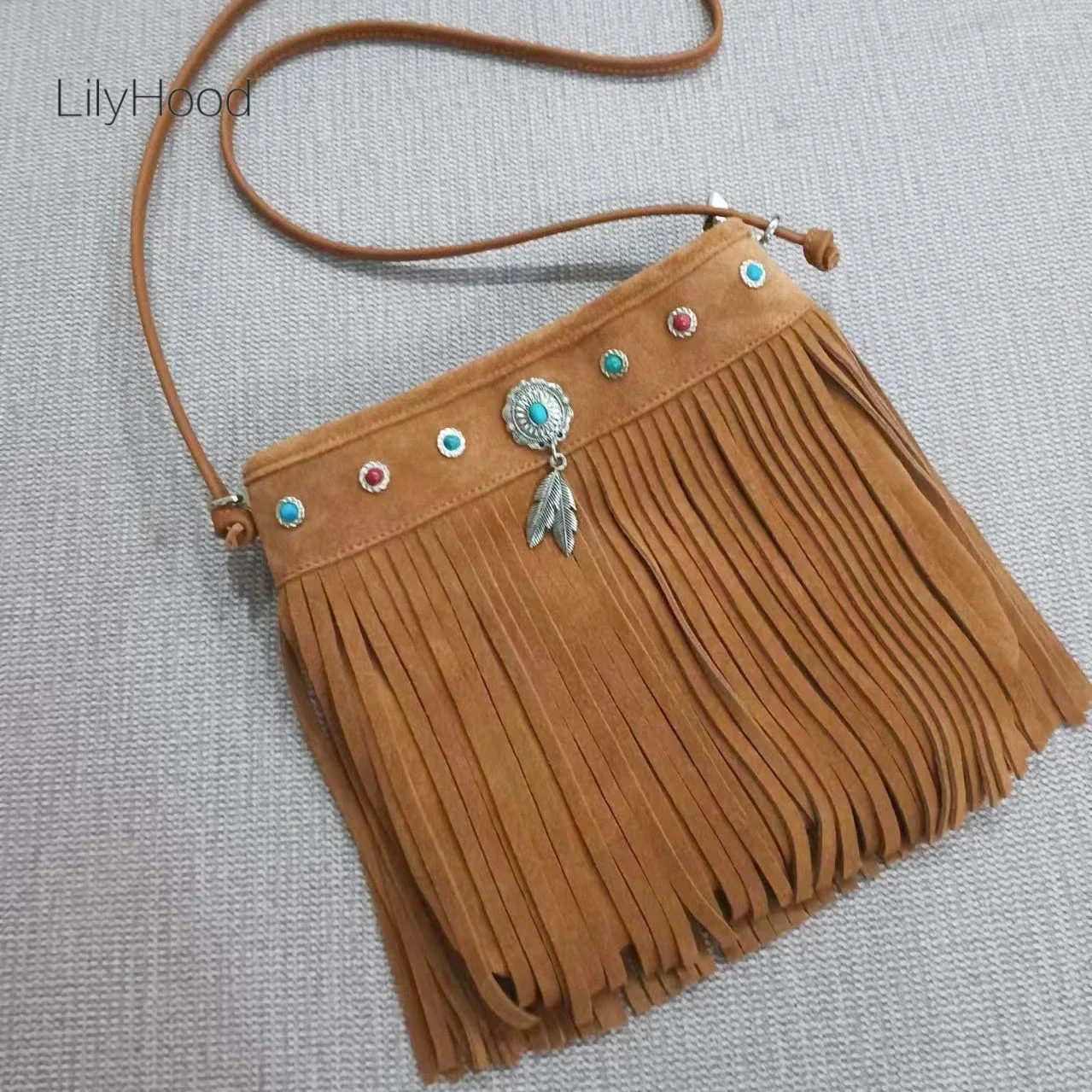 Vintage Genuine Leather Suede Fringed Side Sling Bag for Women Bohemian Boho Gypsy Hippie Ibiza Tribal Cottagecore Crossbody Bag