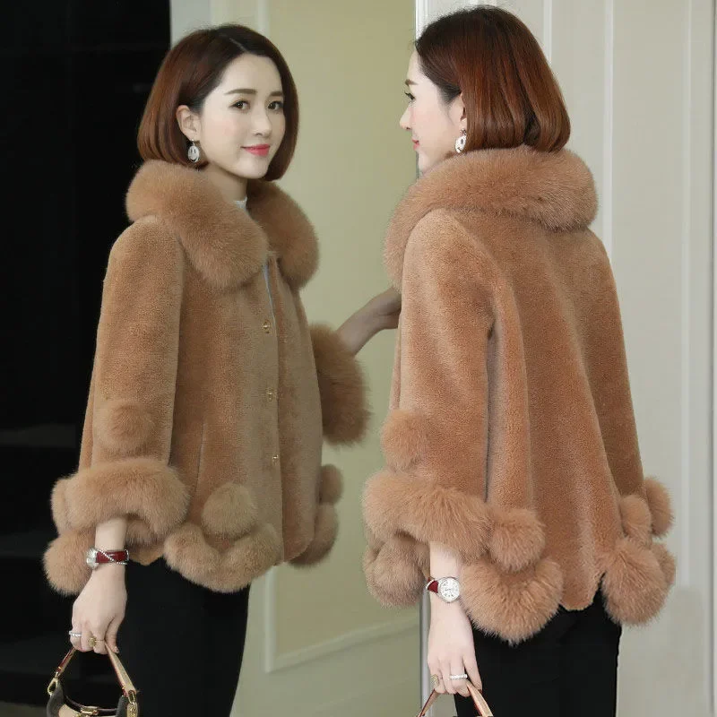 

2023 Winter New Lamb Wool Overcoat Women Patchwork Faux Fur Collar Coat Vintage Jaqueta Feminina Korean Fashion Short Jacket N27