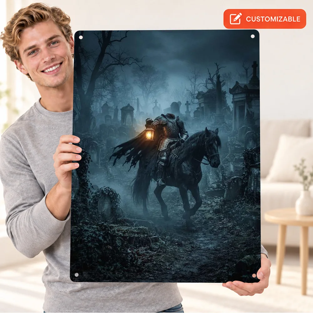 Headless Horseman In Misty Graveyard Printed Poster Personalized Aluminum Metal Sign Gothic Illustration Wall Art For Library