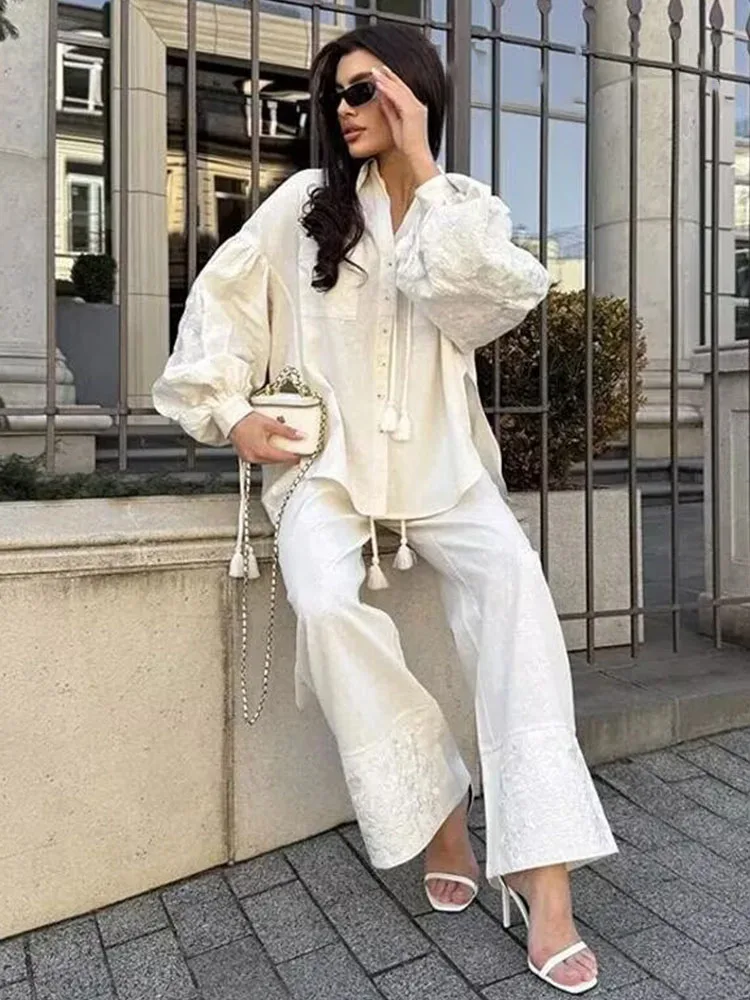 HH Women's Autumn Cotton Linen Lapel Tassel Embroidered Long Sleeves Pockets Shirt+Elegant Elastic Waist Wide-leg Pant Suit