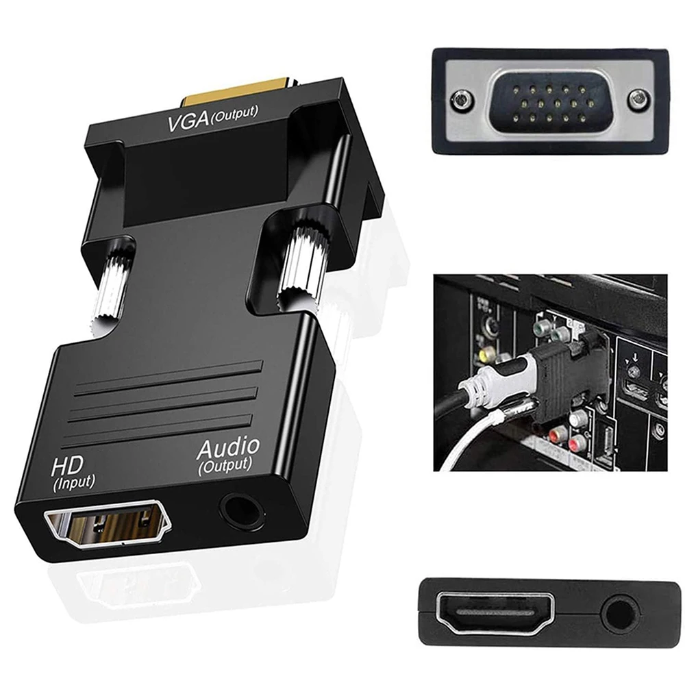 1080P HD to VGA Adapter with 3.5mm Jack Audio Output Video Converter for Laptop PC Computer HDTV Set-top Box Monitor Projector