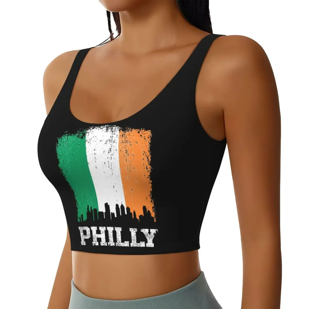 Custom Vintage Philadelphia Irish Flag Philly Skyline Pride Women Sports Bras High Impact Vest Gym Workout Yoga Crop Tank Tops