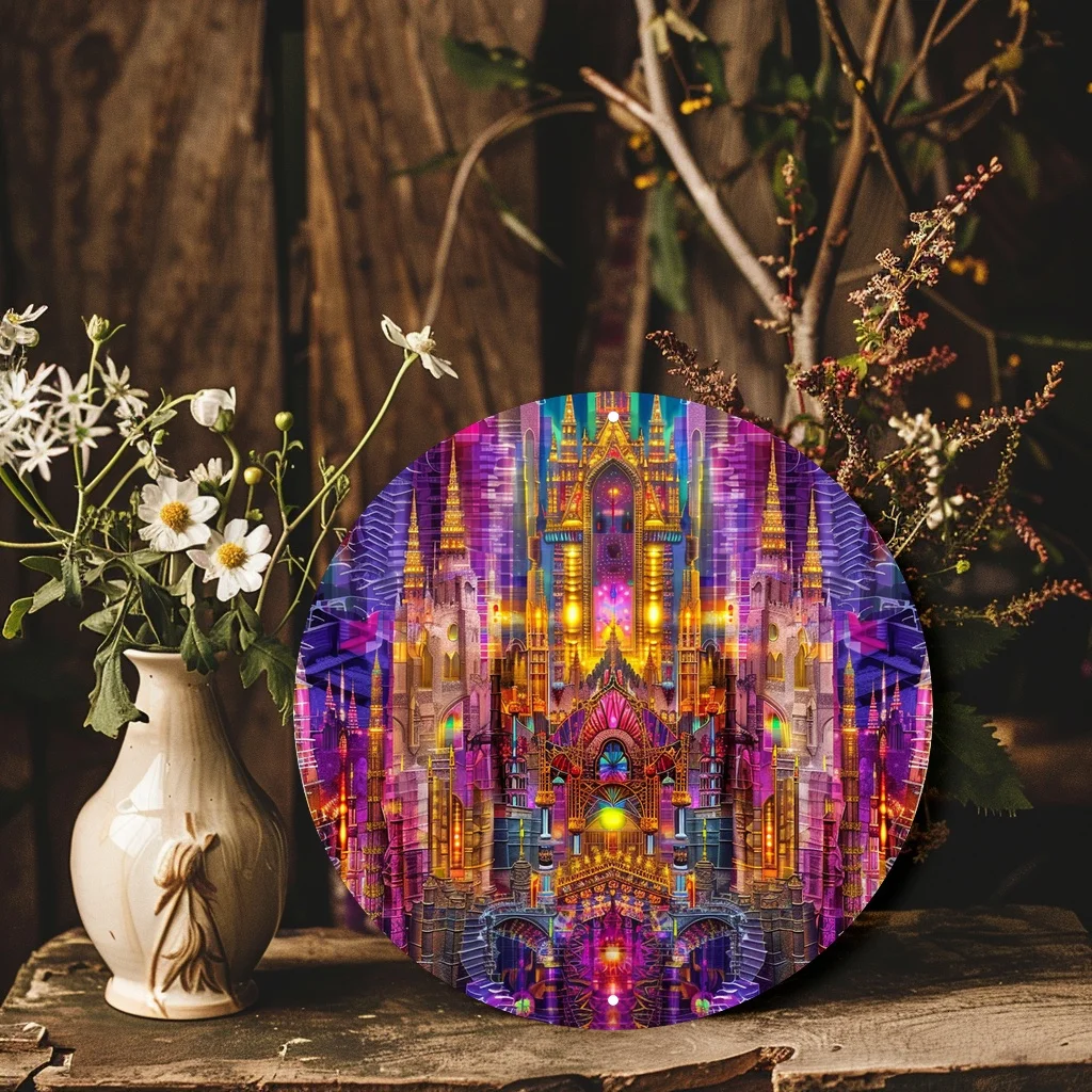 2D Flat - 2D Plane - 1pc 2D Plane Printed Metal Iron Wall Decoration, Featuring a Kaleidoscope Design of a Medieval Castle, Show