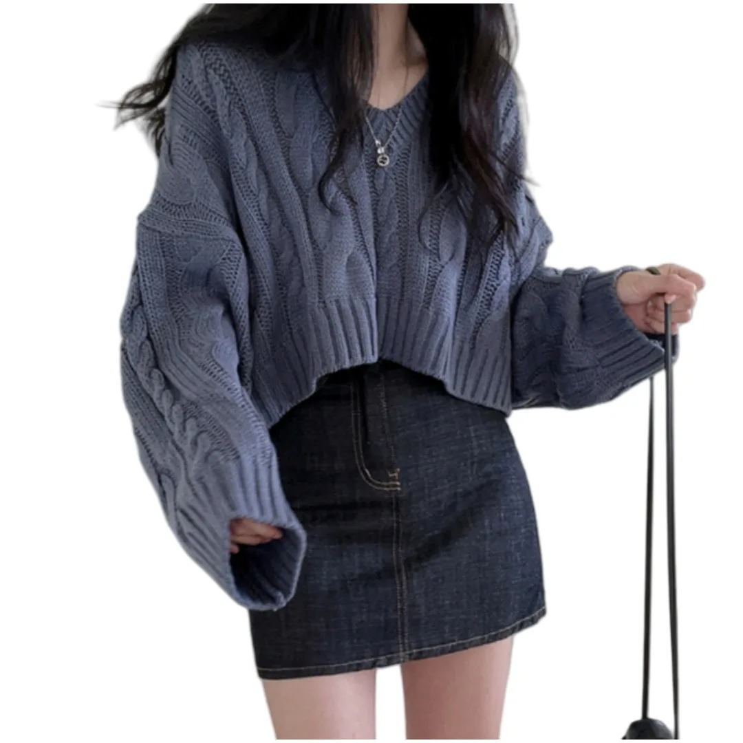 Autumn Winter Women's Crop Top Sweater Korean Style Niche Retro V Neck Petite Friendly Lazy Style Black Knitting Pullover