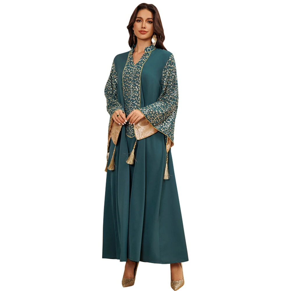 

Saudi Ramadan Arabic Party Dress for Women Abaya Muslim Embroidery Abayas Tassel Sleeve Morocco Robe