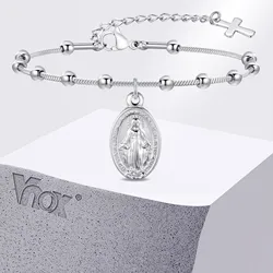 Vnox Rosary Bracelet for Women Girls, Gold Plated Stainless Steel Religious Cross and Virgin Mary Prayer Bracelets Gifts