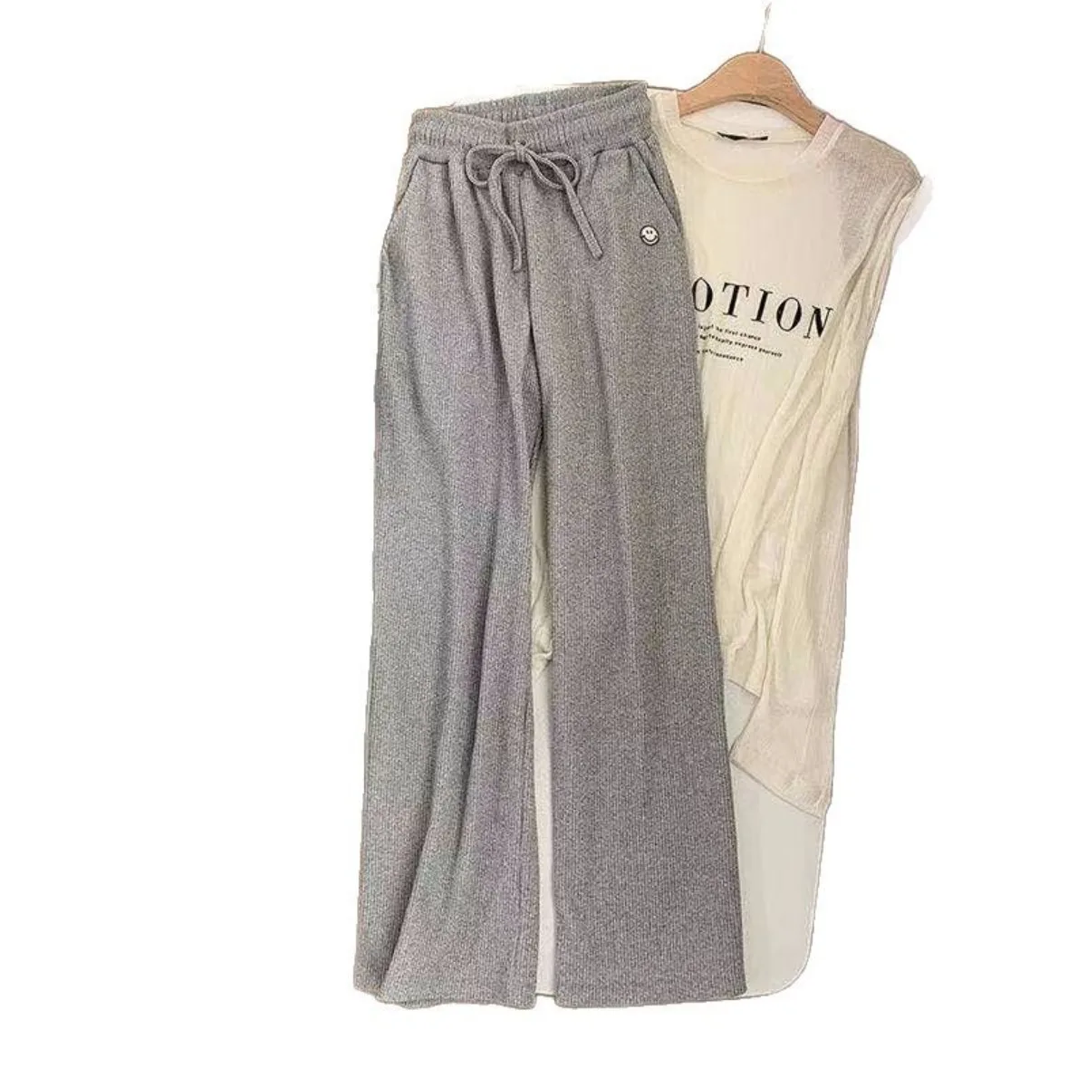 Eleganckie, codzienne spodnie damskie o prostych nogawkach z uroczym nadrukiem uśmiechniętej twarzy, ze sznurkiem, luźne, długie, do biura, nowa kolekcja odzieży damskiej.