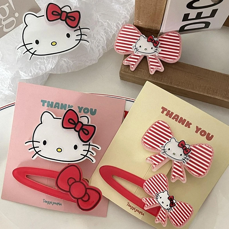 Cute Sanrio Hello Kitty Bow Hair Clip Cartoon Sweet Hairpin For Women Girls Versatile Side Clip Fashion Hair Accessories Gifts