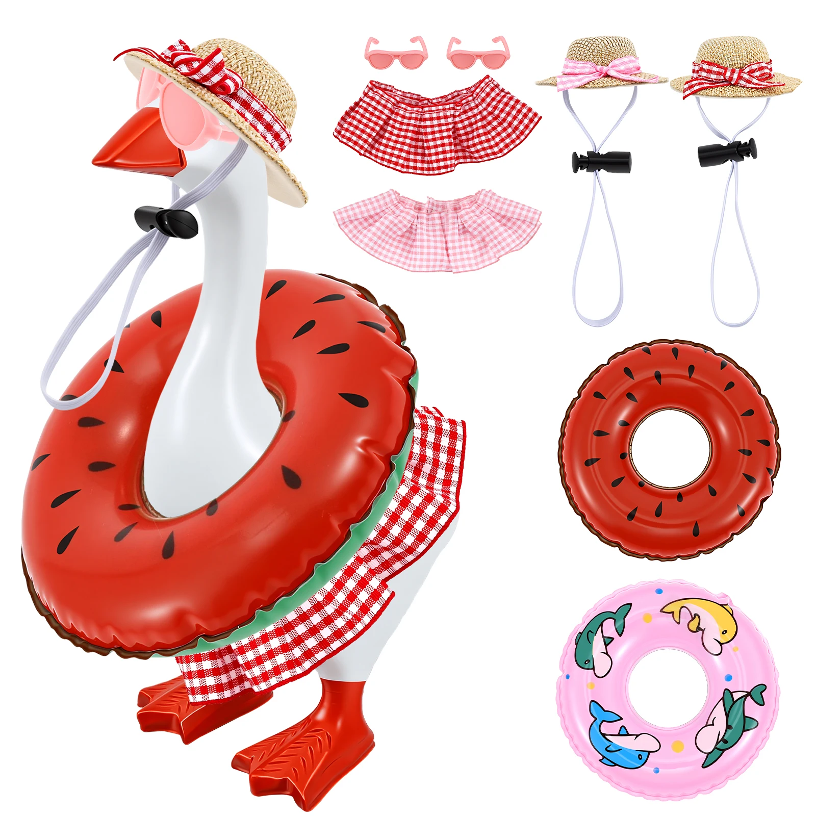 2Pack 7 inch Desk Goose Outfit Fun Summer Mini Desktop Goose Statue Dress Up Clothes with Straw Hat Sunglasses Skirt Swim Ring
