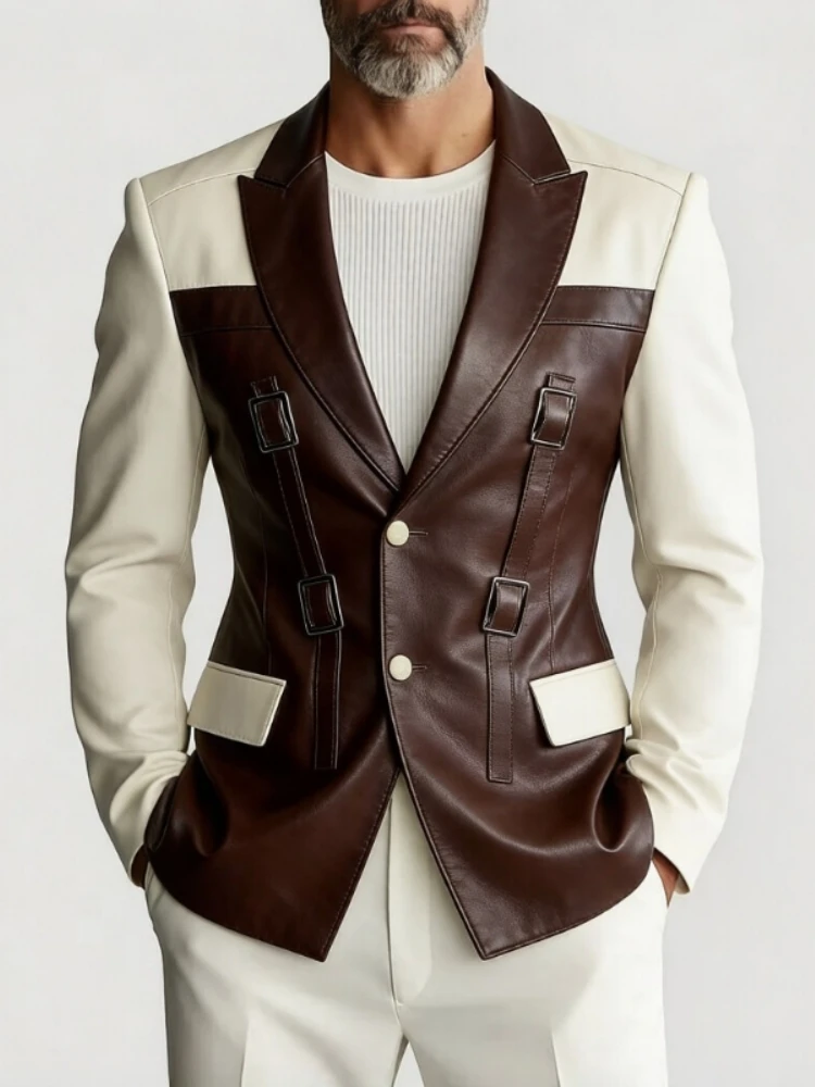 Fashion Men Color Block PU Leather Blazer Buckle Strap Design Notched Collar Slim Single Breasted Suit Jacket Evening Party Coat