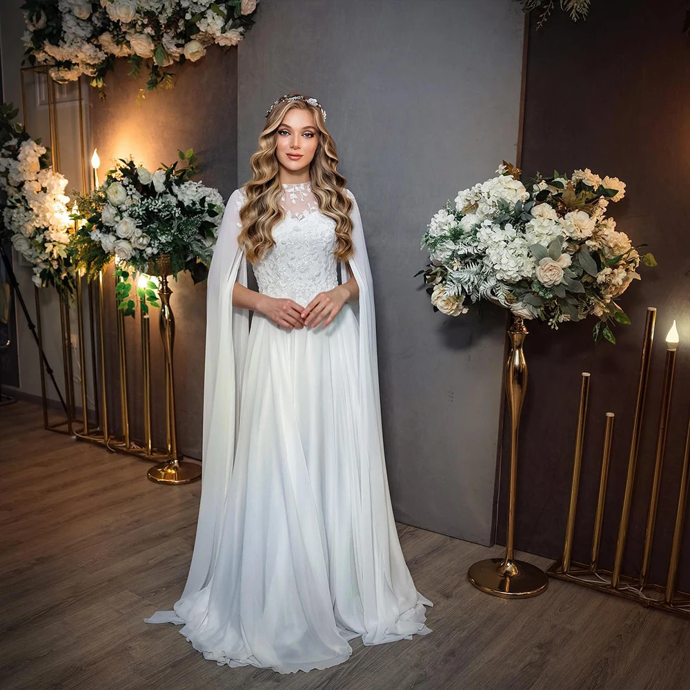 

Elegant Wedding Dresses Long Floating Sleeve High Neck Bride Dress Applique Sequin Chiffon Bridal Gown Customized robe de mariée