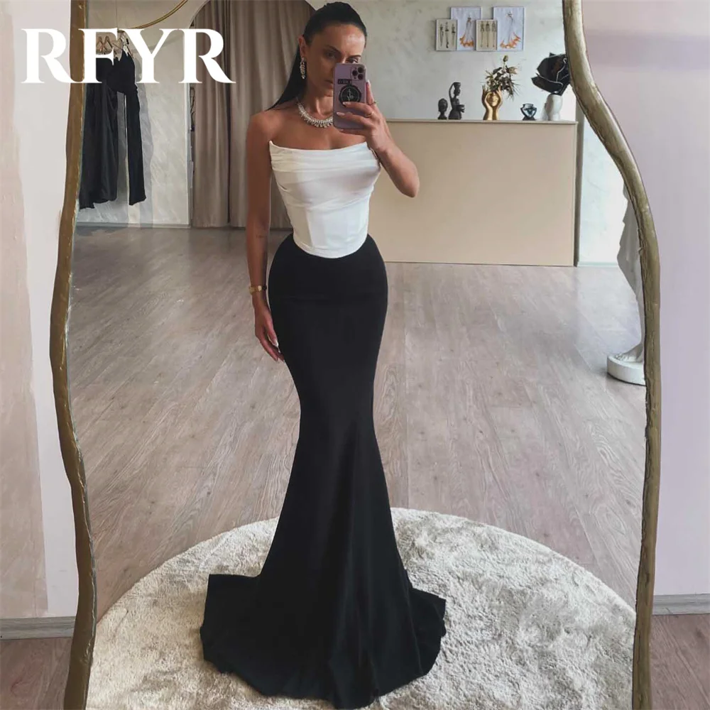 

RFYR Simple Black Prom Dresses O-Neck Trumpet Evening Dress Sleeveless Party Dress with Pleats Satin Robe De Soirée Customized