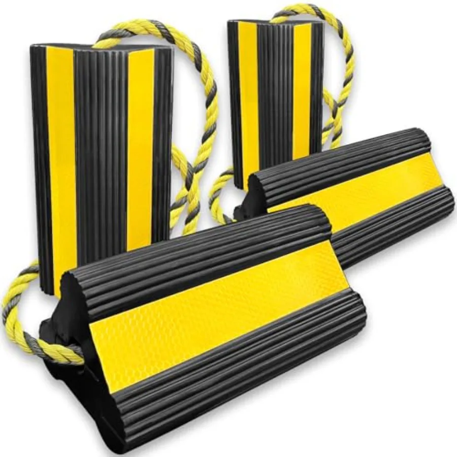 

Heavy-Duty Wheel Chocks Extra-Long Safety Rope 6" - 2- Reflective Rubber Blocks for Trailers Trucks Campers and Garage Use (pai