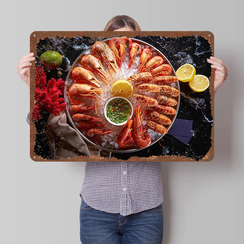 Shrimp Platter With Ice and Sauce Printed Poster Customized Wall Art Retro Vintage Metal Tin Signs for Room Interior Decoration