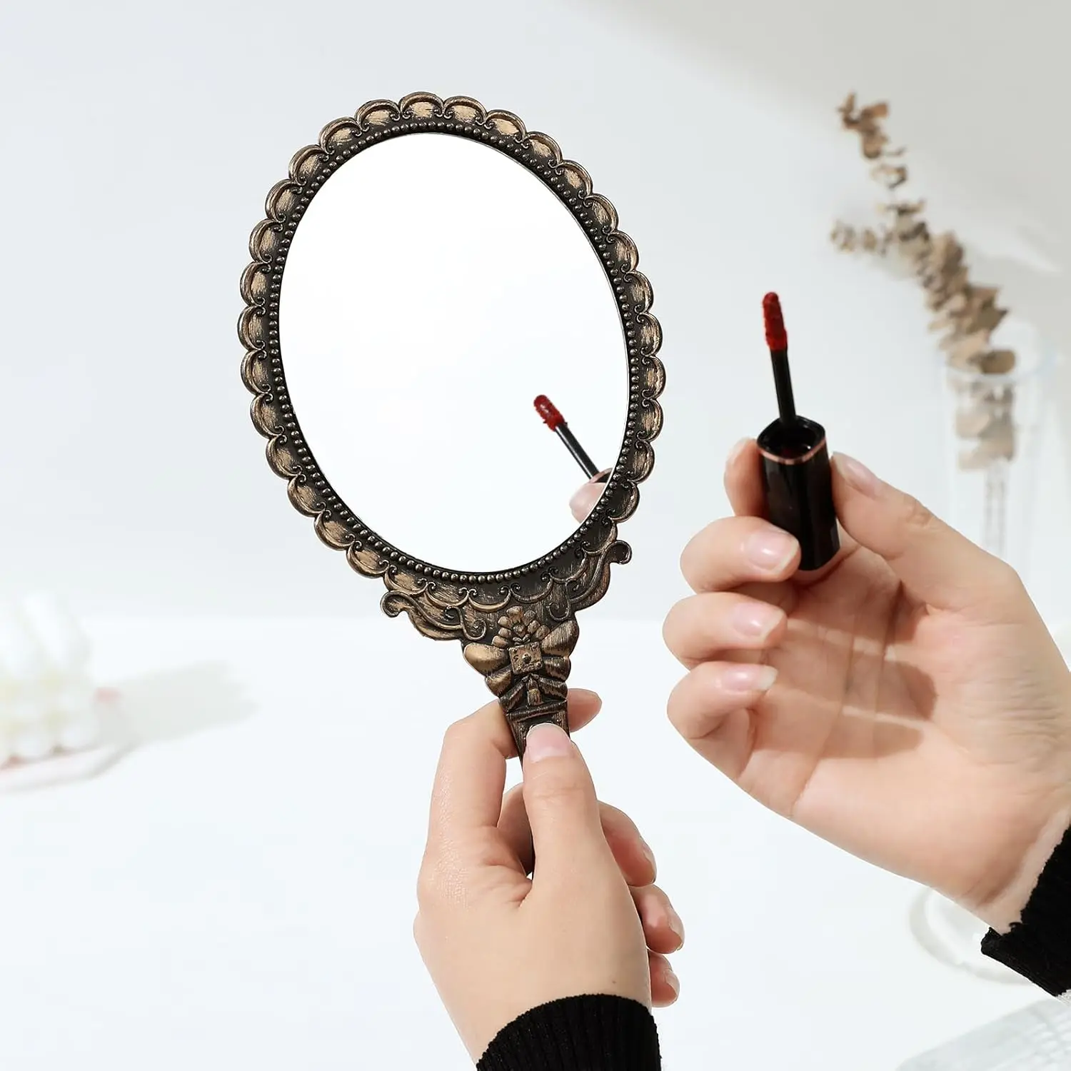 Reise-Vintage-Handspiegel, 2-teilig, oval, tragbar, kompakt, mit Griff für Make-up, Haarstyling, zum Aufhängen als Dekor