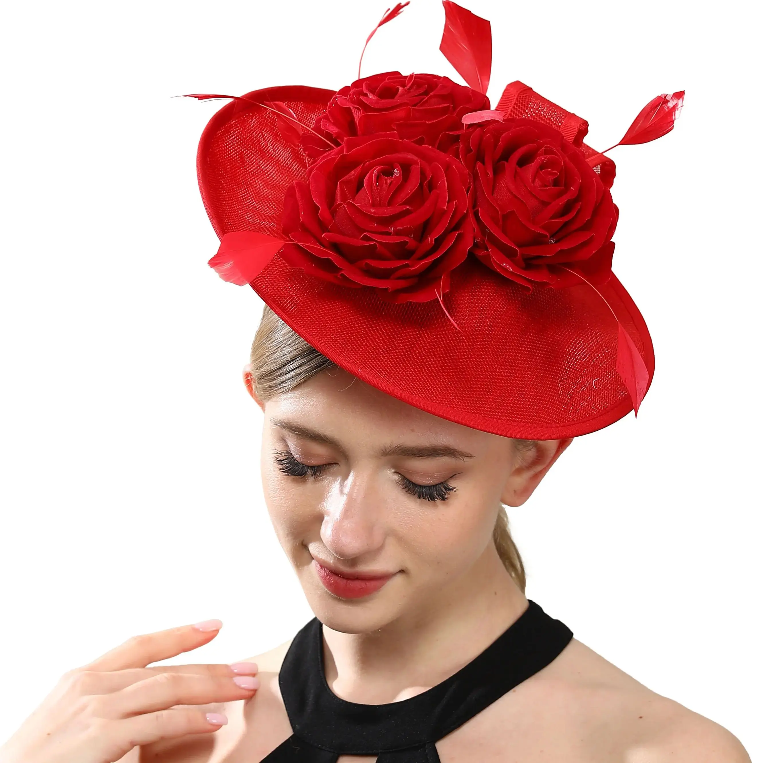 

New Red Flower Fascinator Wedding Hat Women Formal Dress Race Headpiece Royal Ascot Ladies Event Party Tea Millinery Cap Veils