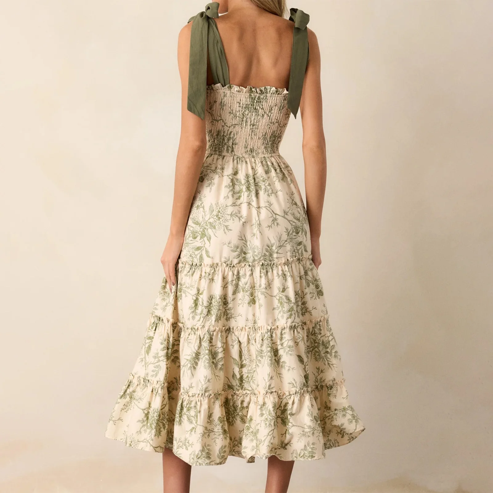 Abiti estivi da donna con stampa floreale Elegante abito a trapezio con volant e smock senza maniche con allacciatura sulla spalla