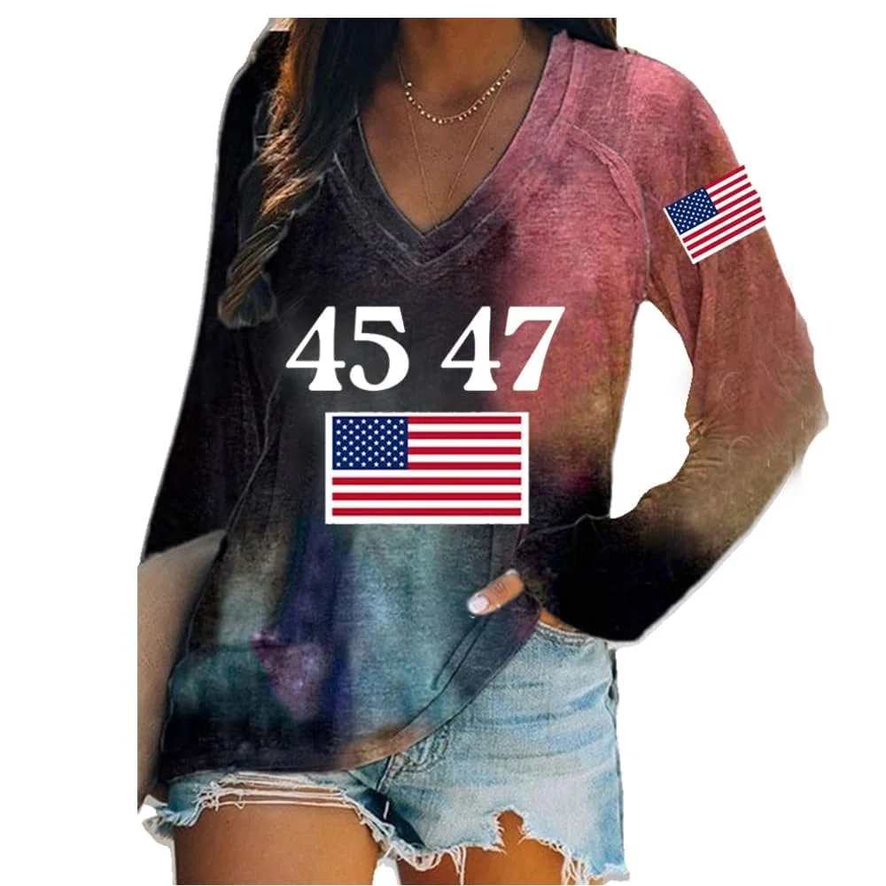 2025 New Women's Europe and America Hot Selling Gradient Pattern V-Neck Long Sleeve T-Shirt 3D Digital Printing