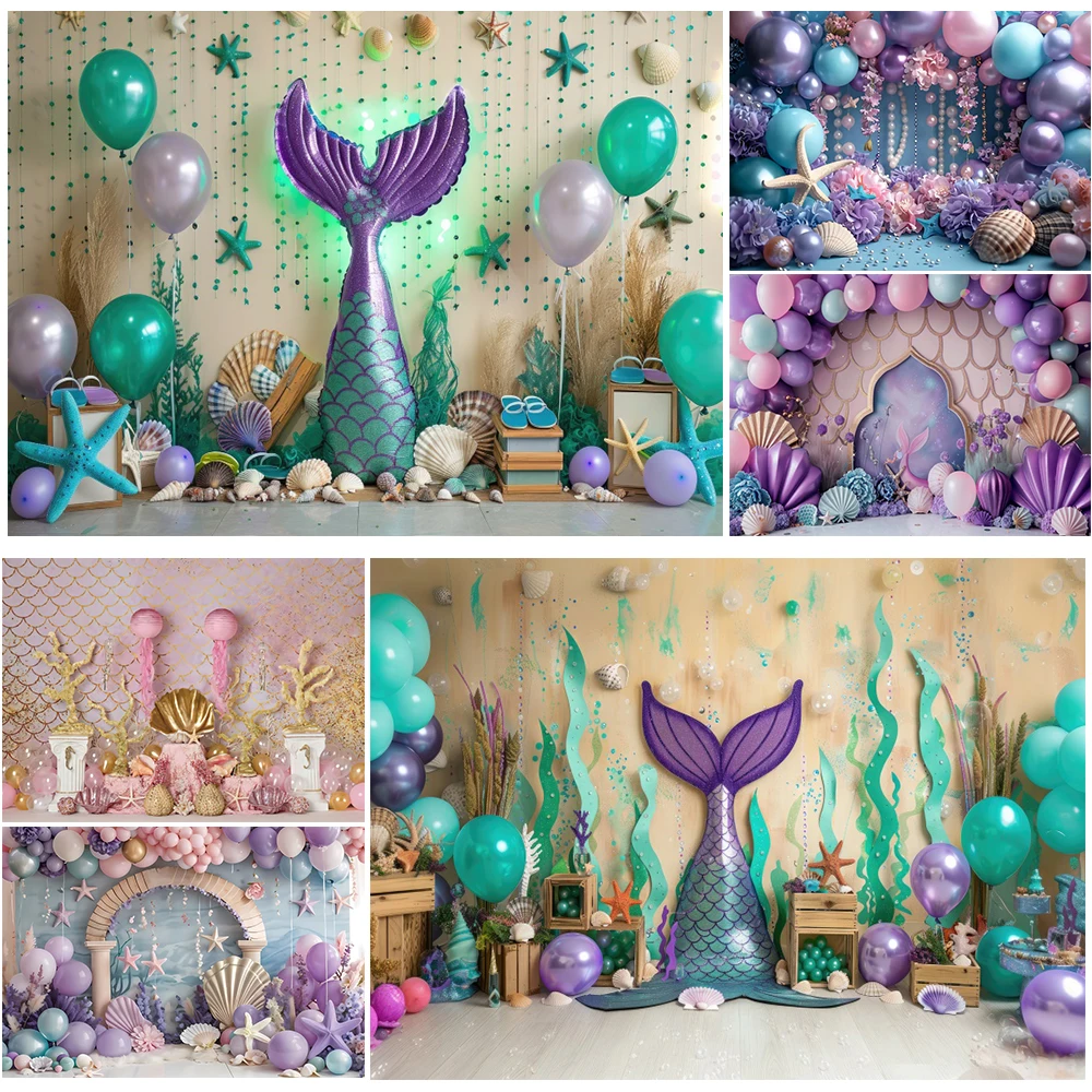 pano-de-fundo-com-tema-de-sereia-para-fotografia-mundo-subaquatico-concha-estrela-do-mar-balao-cha-de-bebe-aniversario-fotochamada-banner-de-fundo