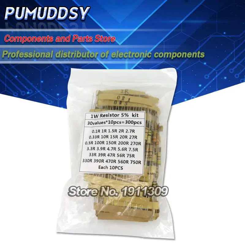 300PCS Resistor Kit 1W 5% 30values X 10PCS Carbon Film Resistance 0.1-750 ohm Set