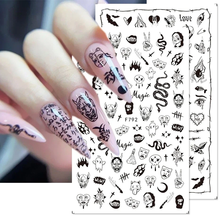 3D 네일 스티커 데칼, 검은 뱀 피 스크래치, 광대 할로윈 눈 문신 슬라이더 디자인, 겨울 매니큐어 장식, SAF792