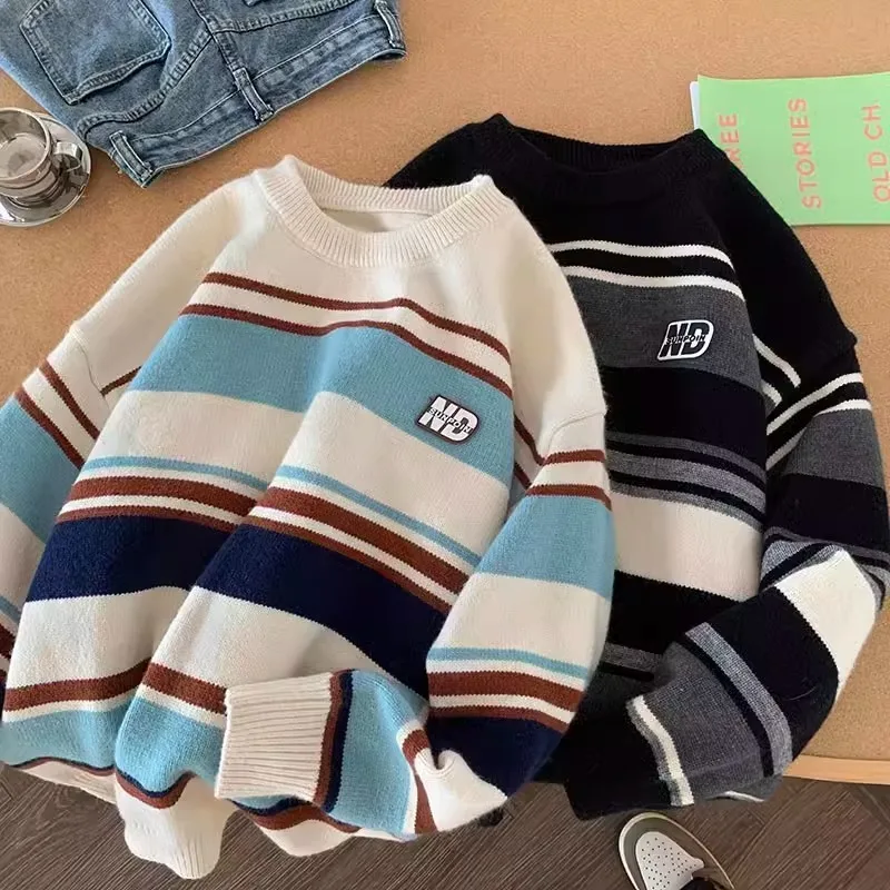 

Модный мужской трикотаж в полоску большого размера, повседневный свободный крой, осень-зима, длинный свитер из полиэфирного волокна, круглый свитер Ne