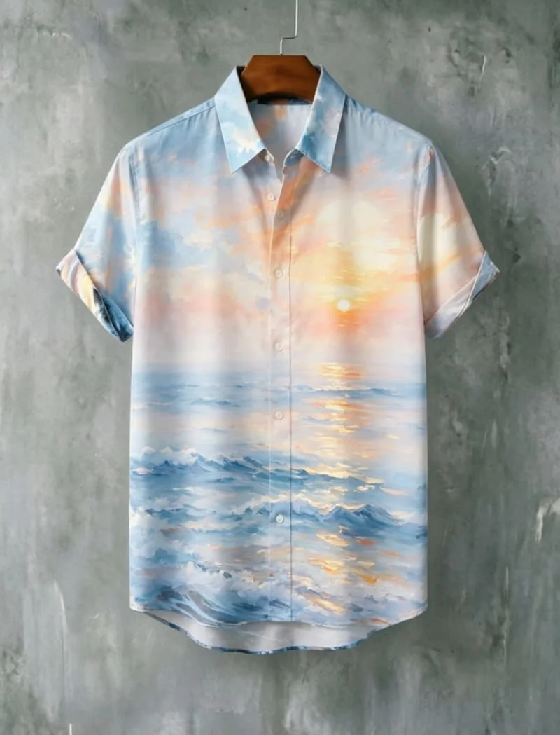 Men's Ocean Art Print Vacation Short Sleeve Shirt，Great for Nature Walks, Beach Trips, Casual Hikes and Laid-Back Summer Plans