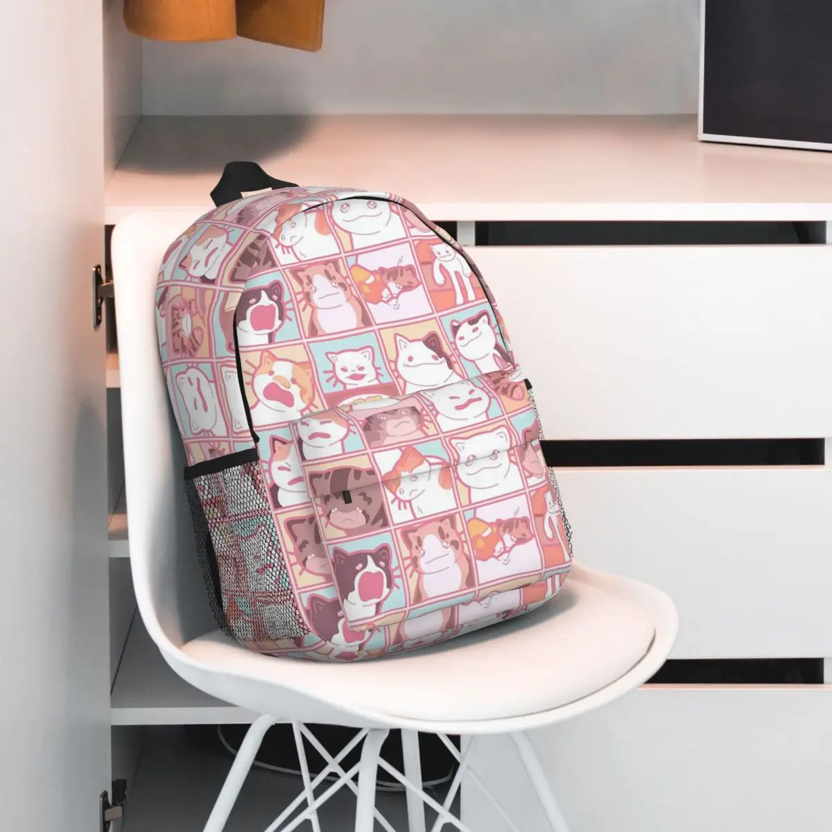 Adorable Cat Pink Grid Pattern Backpack Student BookBag Kids School Bag Laptop Shoulder Bags for Boys Girls