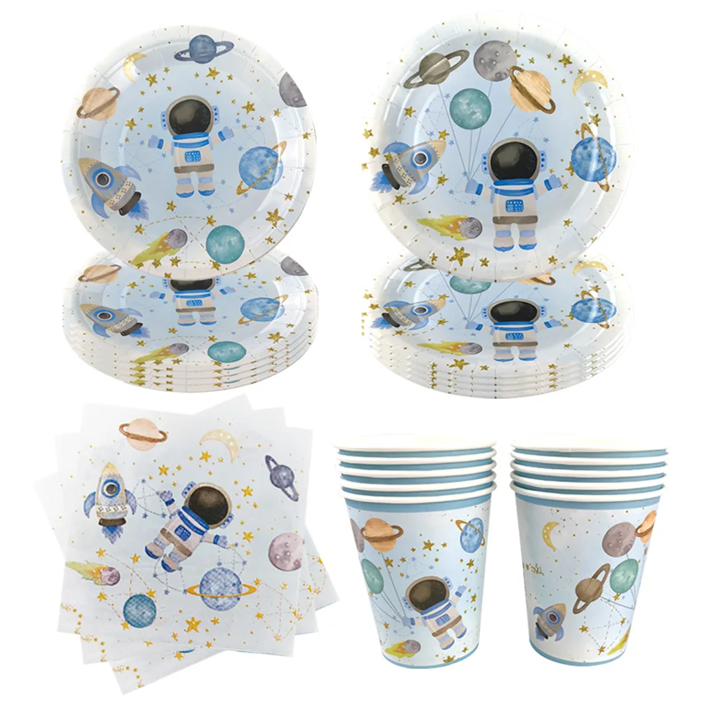 Blue Space Astronaut Pattern Disposable Tableware Plates Cups Napkins Boys Outer Space Theme Party Birthday Party Decor Supplies