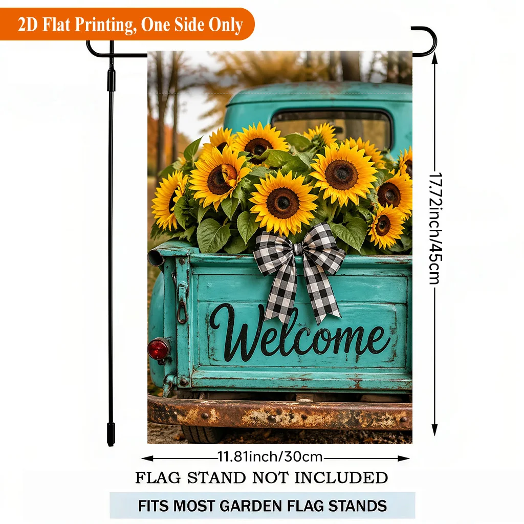 2D Flat, 2D Flat Printing Garden Flag 1pc, Bright Sunflowers Truck Single Sided Polyester Garden Flag, Holiday Yard Banner, for Outdoor Home, Yard Decor, Seasonal Festival Yard Outside Decorative Flags, Flagpole Not Included(Flag Only), 2D Flat