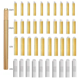 Golden Tebori 3D Tattoo Pen with 40pcs 12PCD Blade Microblading Tattoo Needles Permanent Makeup Manual for Professional Eyebrow