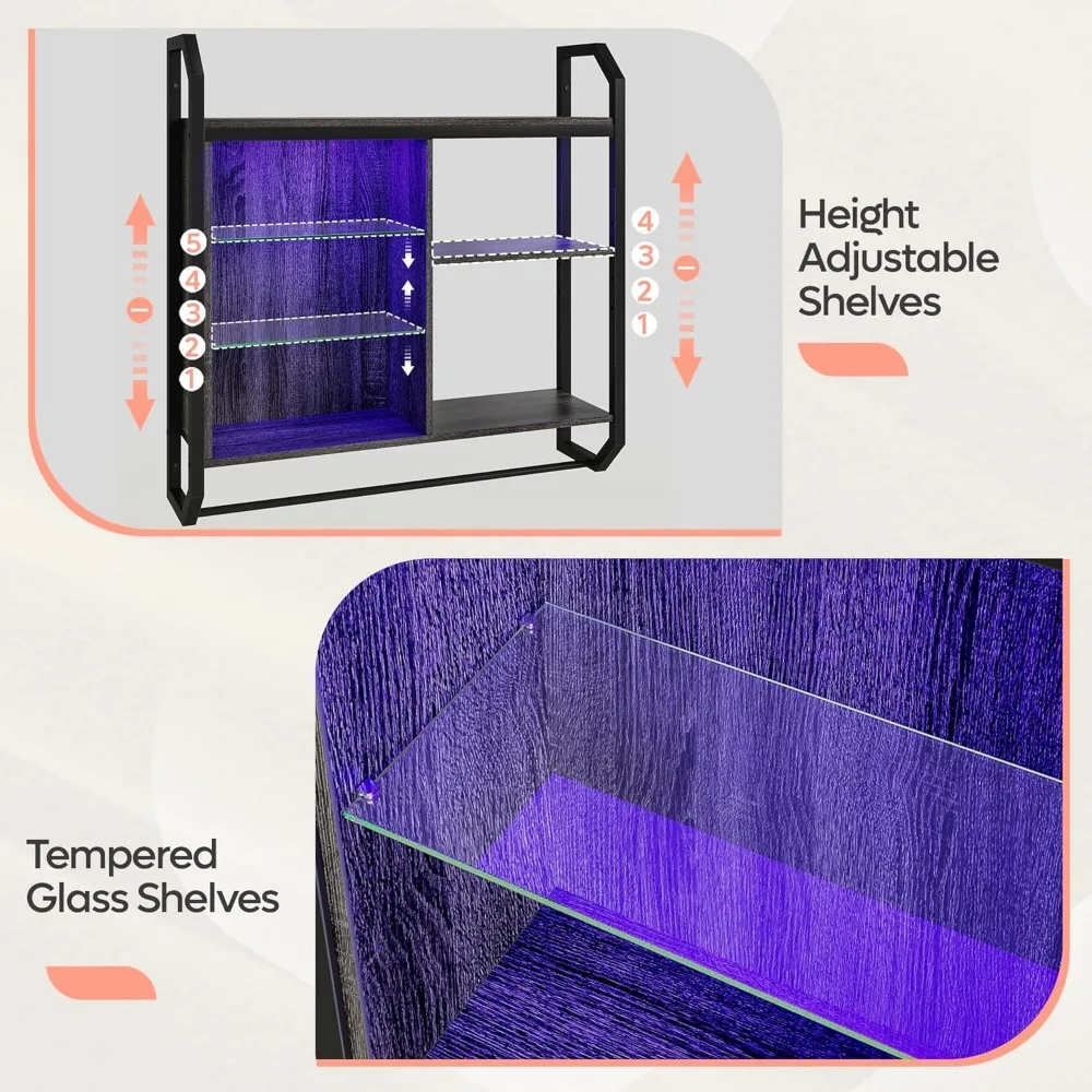 34" LED Wall Mounted Floating Shelf with Adjustable Glass, Industrial Pipe Design for Gaming Room Decor, Black