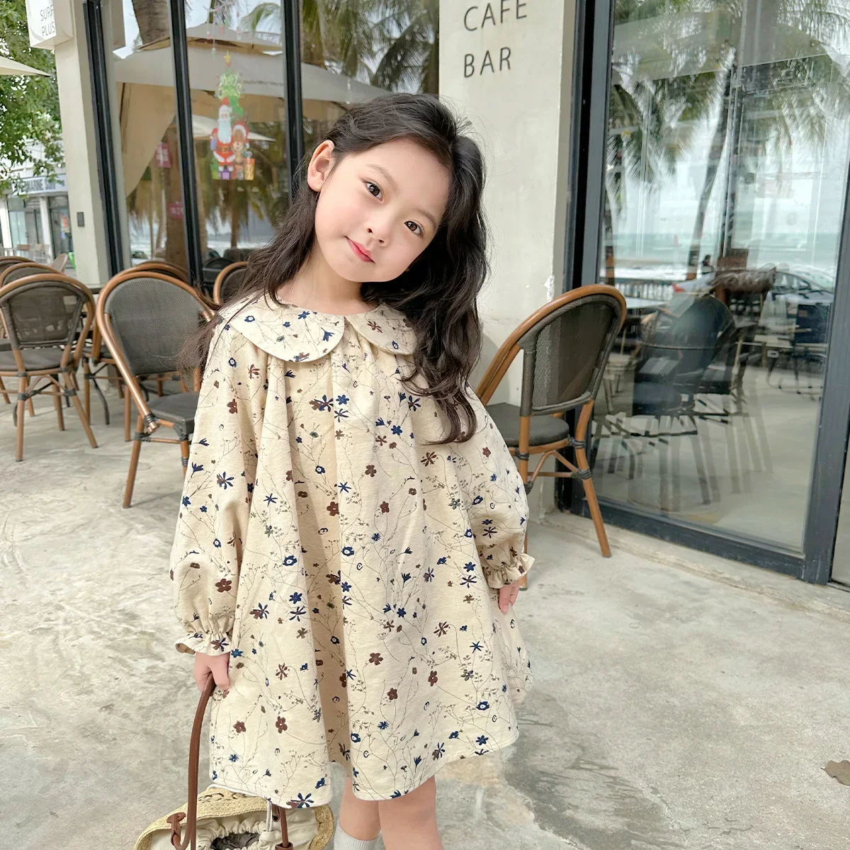 Spring Girls Fragmented Flower Dress Autumn New Children's Long sleeved Doll Neck Dress Baby Kids Pure Cotton Princess Dress