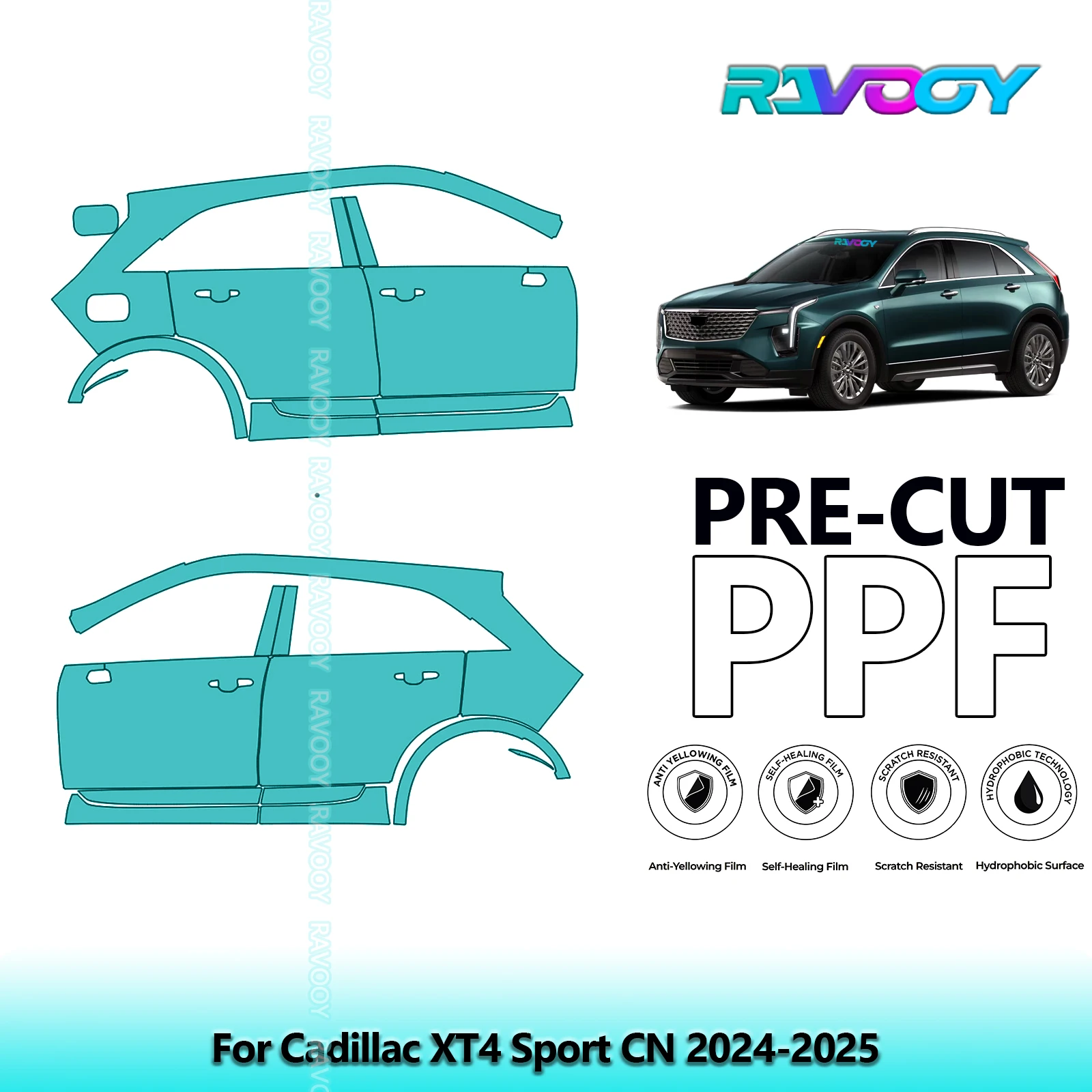 

For Cadillac XT4 Sport CN 2024-2025 8.5mil Clear Matte Pre-Cut PPF Door & A/B Pillar Kit TPU Paint Protection Film Set