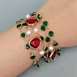 Y·YING 4 Strands Cultured White Pearl Green Crystal Rosary Chain Bracelet Beaded Jewelry