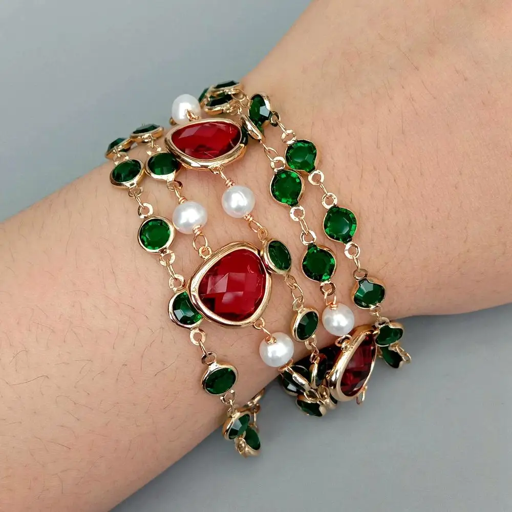 Y·YING 4 Strands Cultured White Pearl Green Crystal Rosary Chain Bracelet Beaded Jewelry