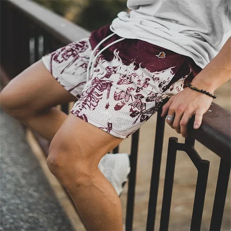 Summer New men short pant Skull Pattern Casual Shorts Street Hip Hop Fitness Polyester Fast Dry Breathable Embroidery Men Shorts