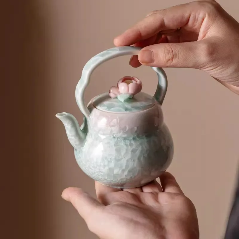 

Чайник с кристаллизированной глазурью, сменный в печи, креативный чайник с цветочной ручкой, керамический одиночный чайник с шариковым отверстием, чайный сервиз Gongfu