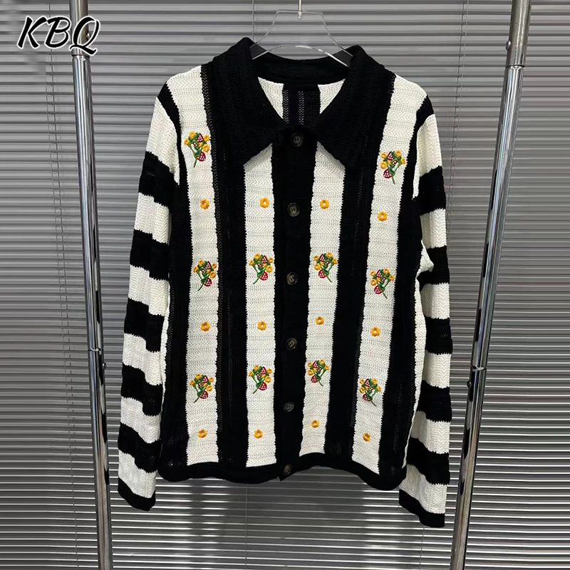 

KBQ Slimming Spliced Button Printing Designer Sweaters For Women Lapel Short Sleeve Spring Temperament Sweater Female Fashion