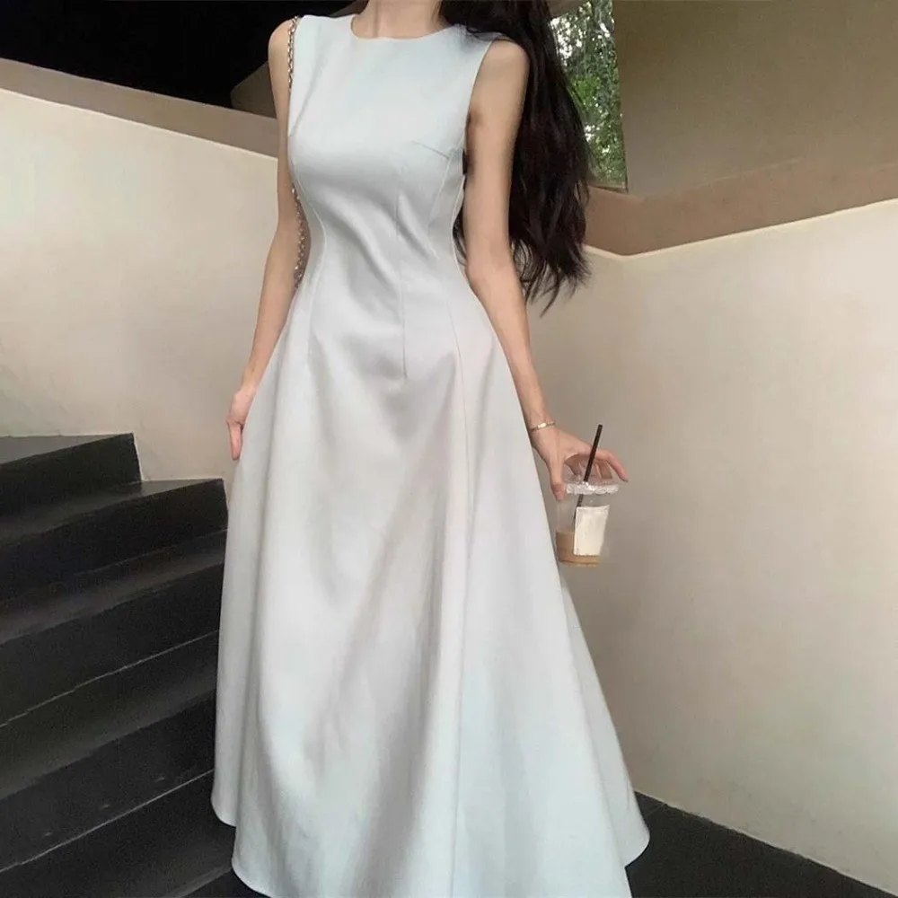 

U Neck Sleeveless Long Dress Sleeveless Vest Elegant Solid Color Long Skirt Long Temperament Women Korean Dress Spring Autumn