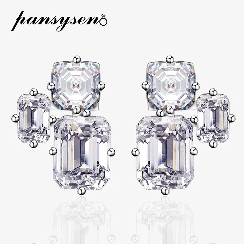 

PANSYSEN 925 Sterling Silver Asscher Emerald Cut High Carbon Diamond Ear Stud Earrings 18K White Gold Plated Party Fine Jewelry