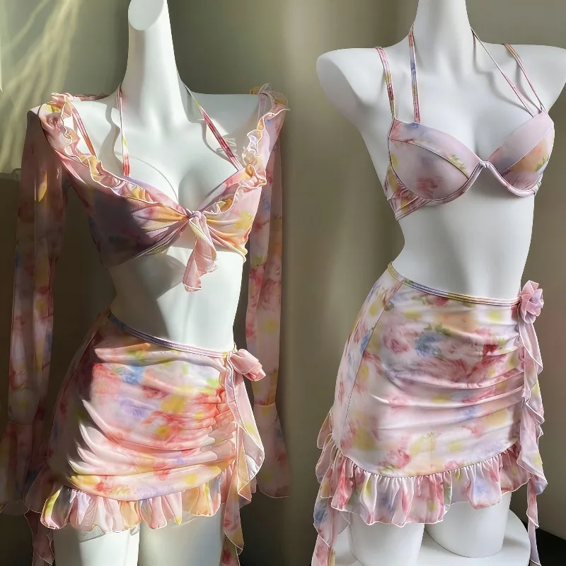 Conjunto de Bikini de 4 Piezas con Cintura Alta y Estampado de Hadas para Mujer, Traje de Baño de Manga Larga para Vacaciones en la Playa, Novedad 2026