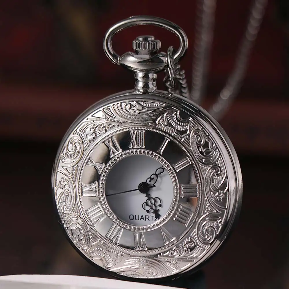 Roman Scale Display Vintage Pocket Watch Necklace Chain Quartz Pendant Bronze Chain Clock Leisure Silver Retro Hanging Watch