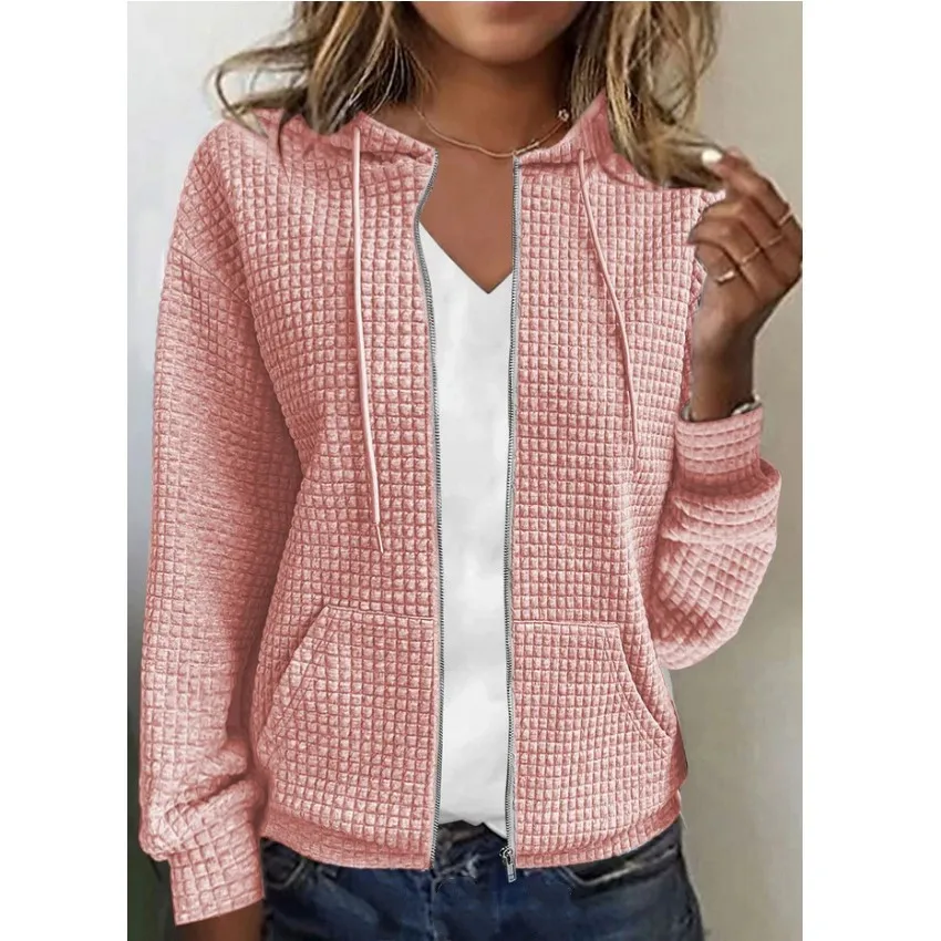 Women\'s zipper hooded cardigan jacket long sleeve casual solid color sweatshirt jacket